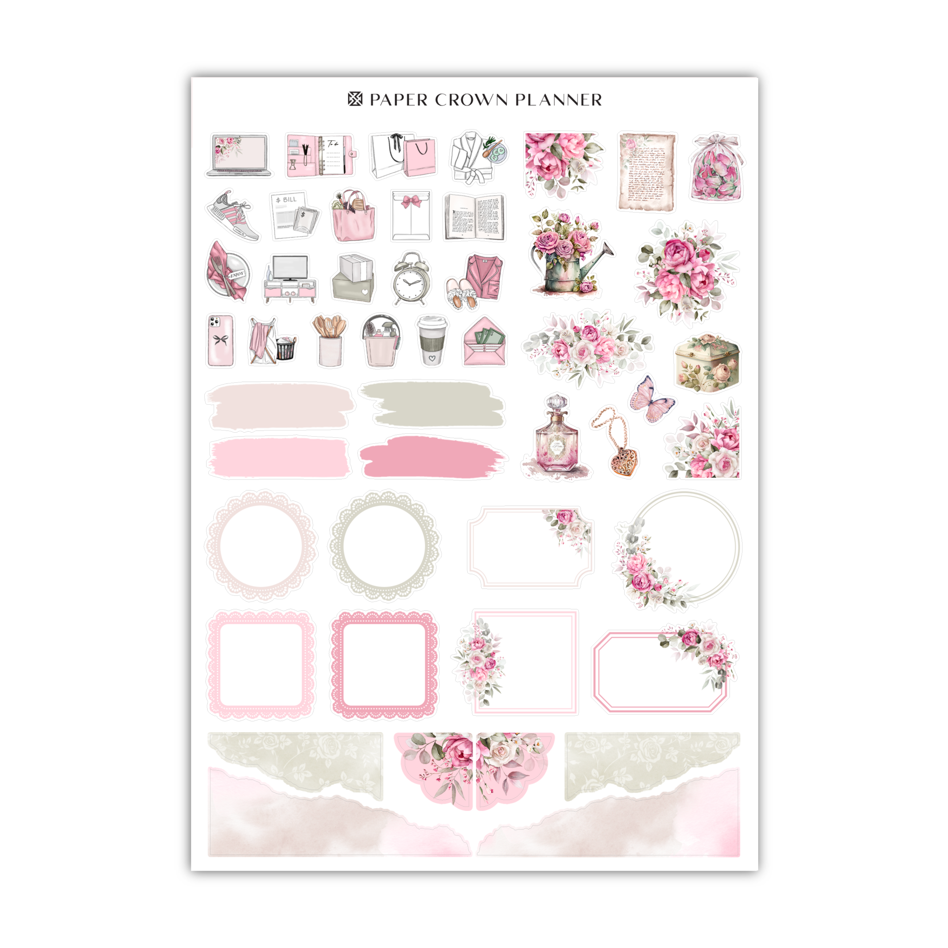 a sticker sheet with pink flowers and pink frames