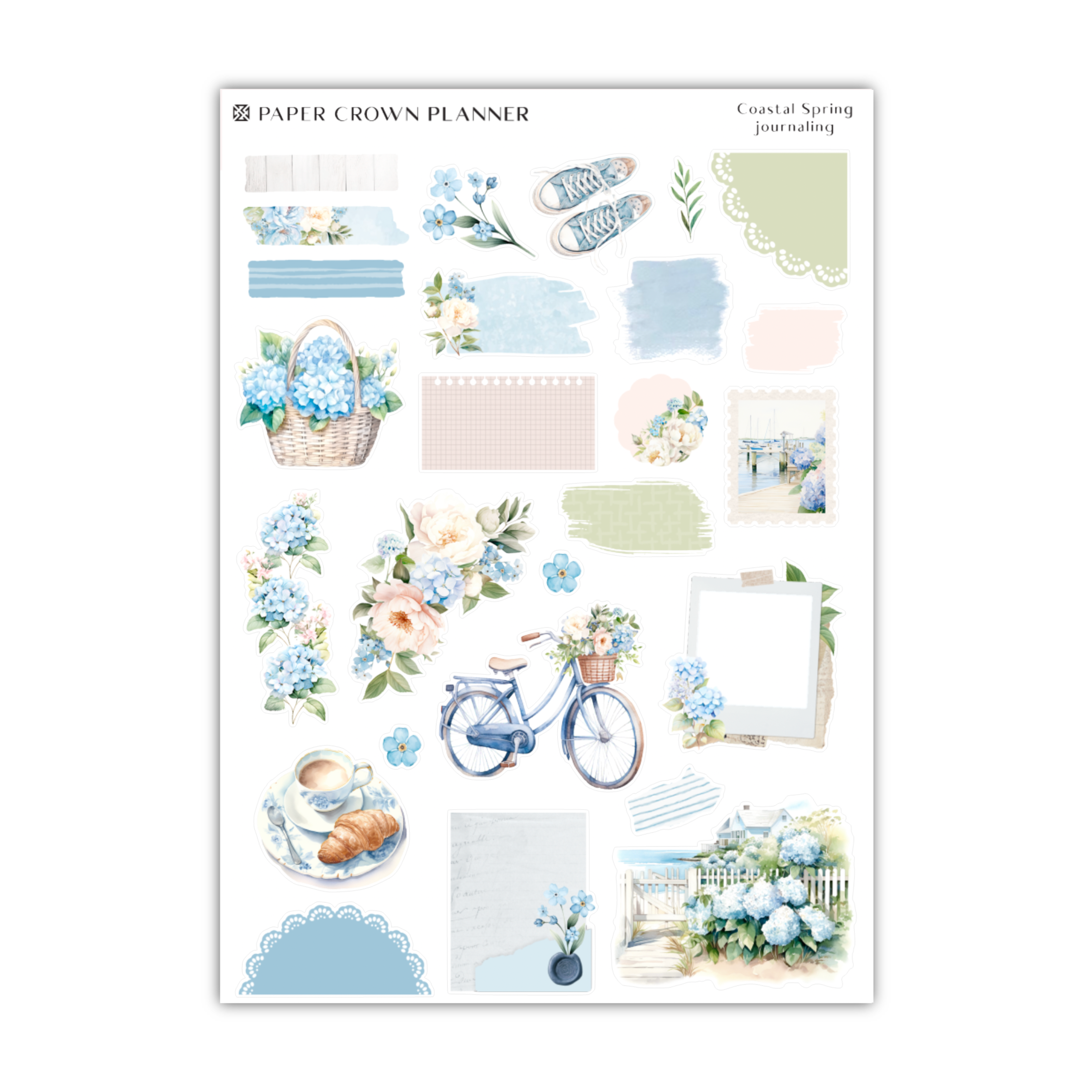 a sticker sheet with blue flowers and a bicycle