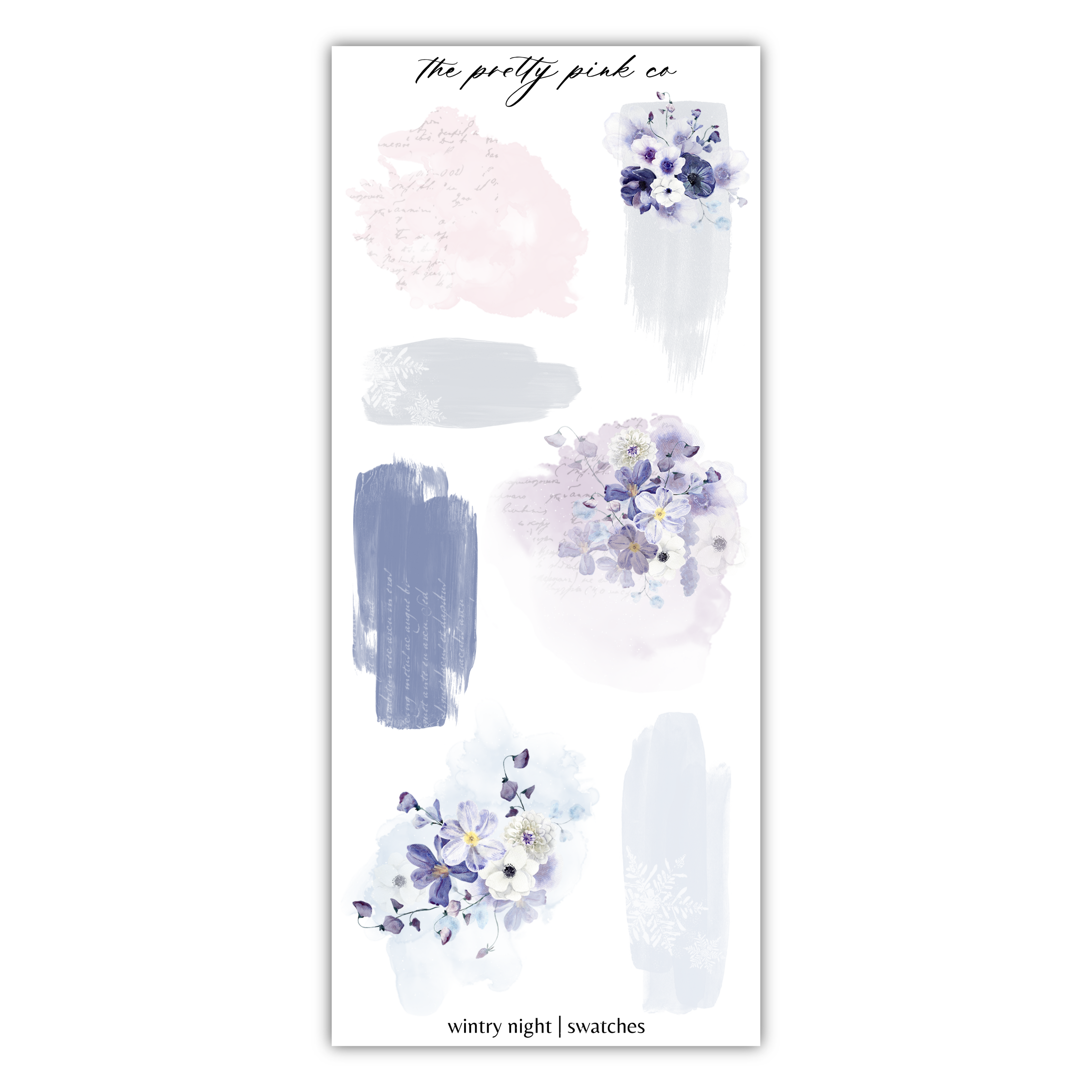 a sticker sheet with purple and white flowers