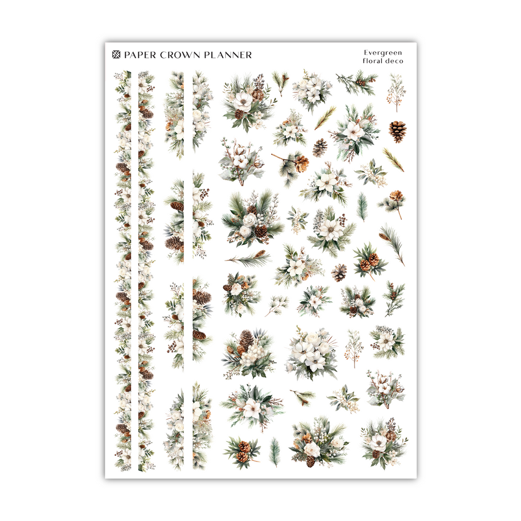 the paper crown planner stickers are decorated with pine cones and flowers