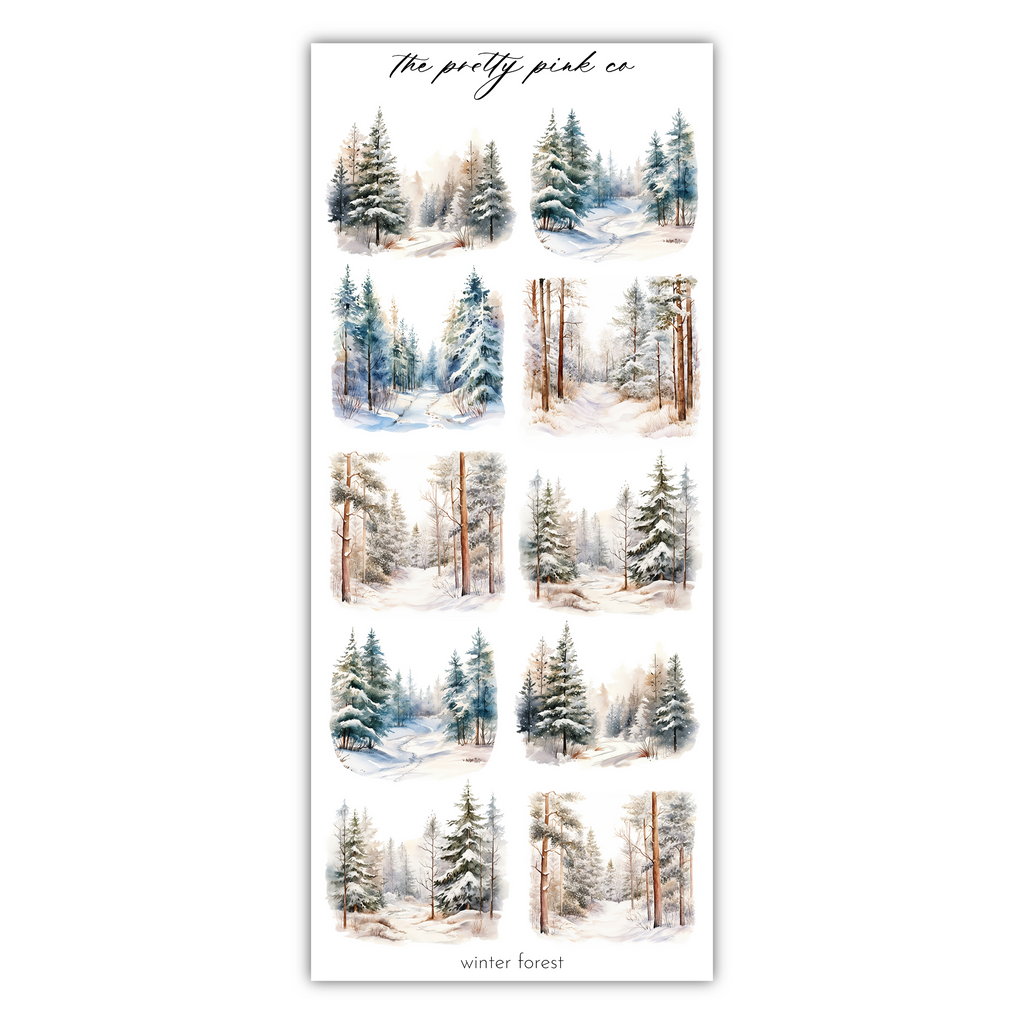 a sticker sheet with trees and snow on it