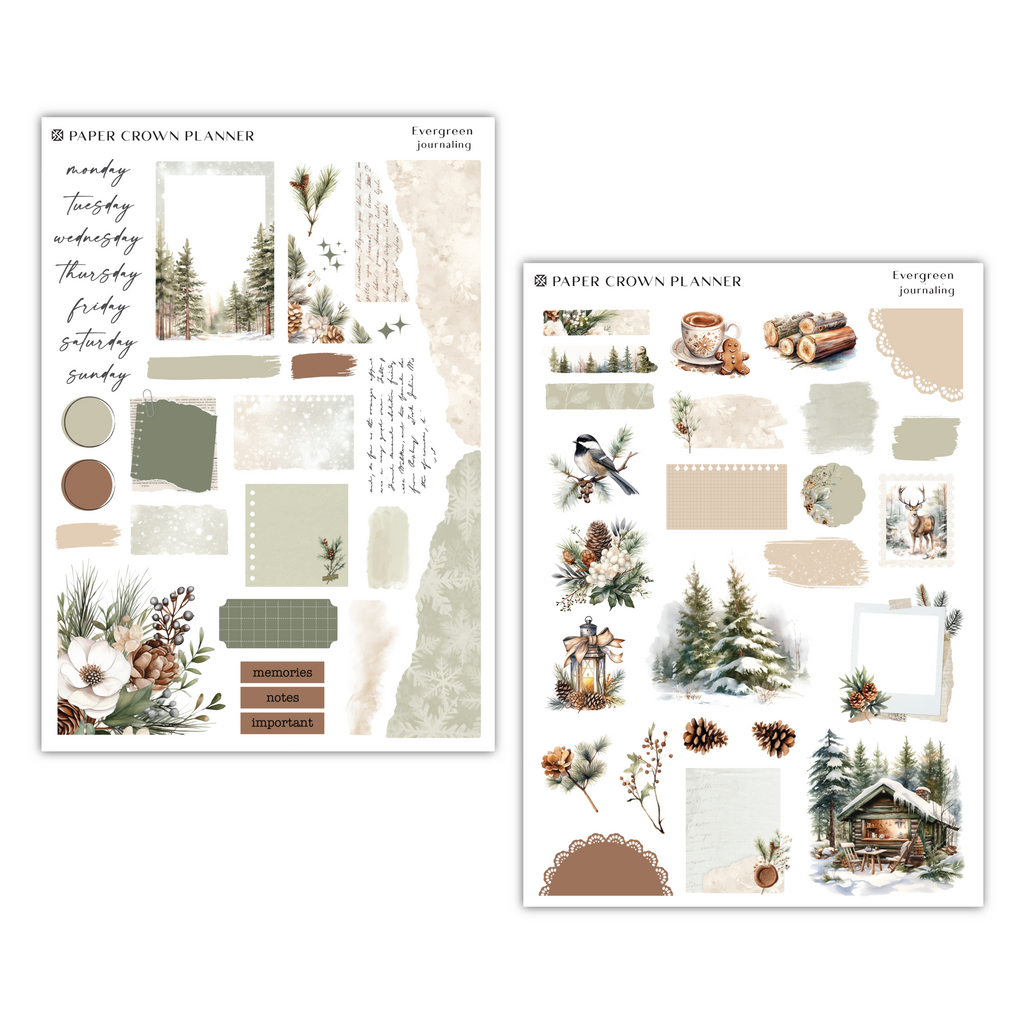 two sheets of stickers with trees and pine cones