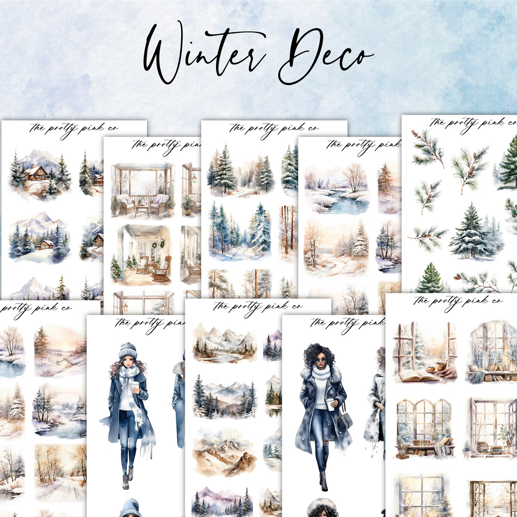 a collage of watercolor winter scenes