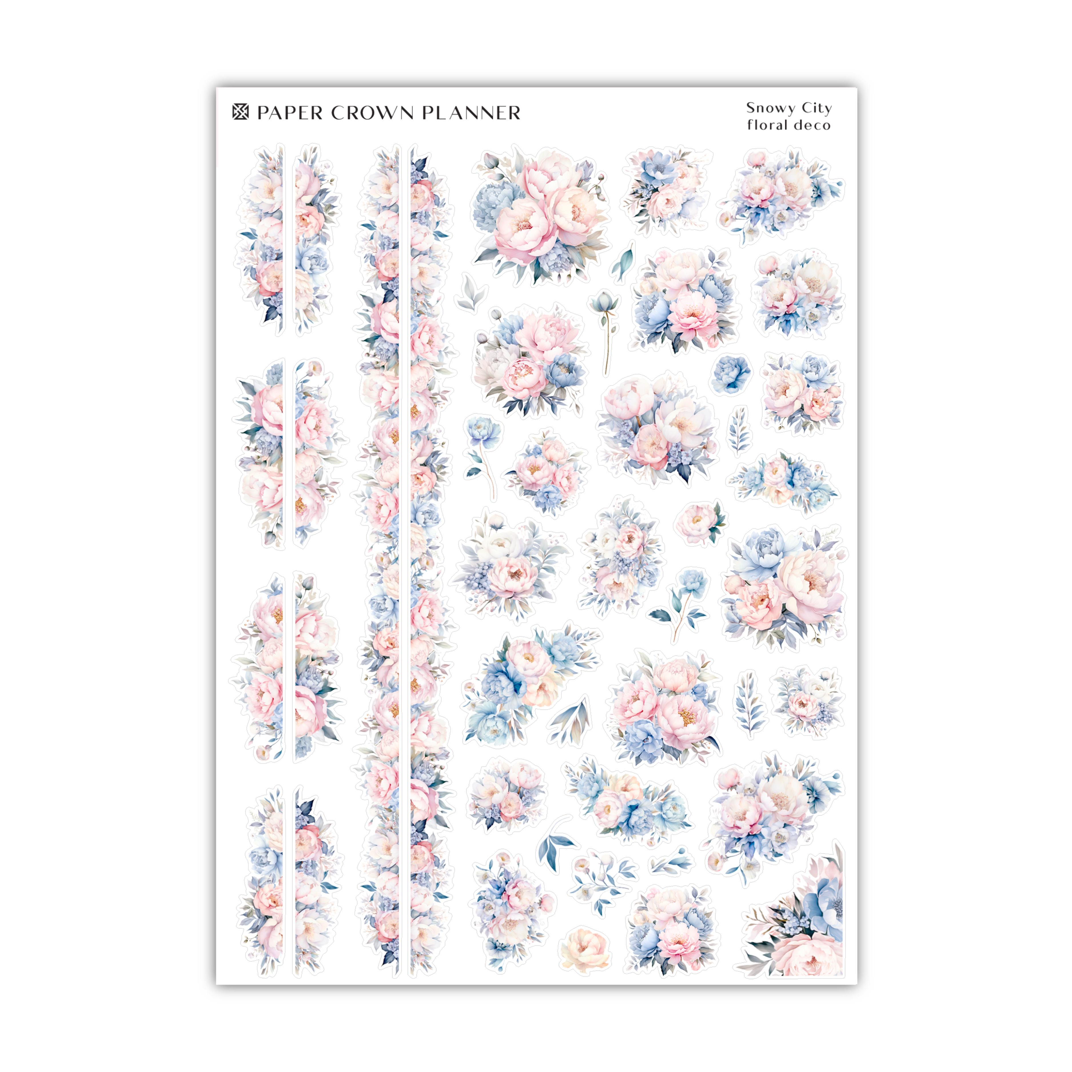 paper crown planner stickers with pink and blue flowers