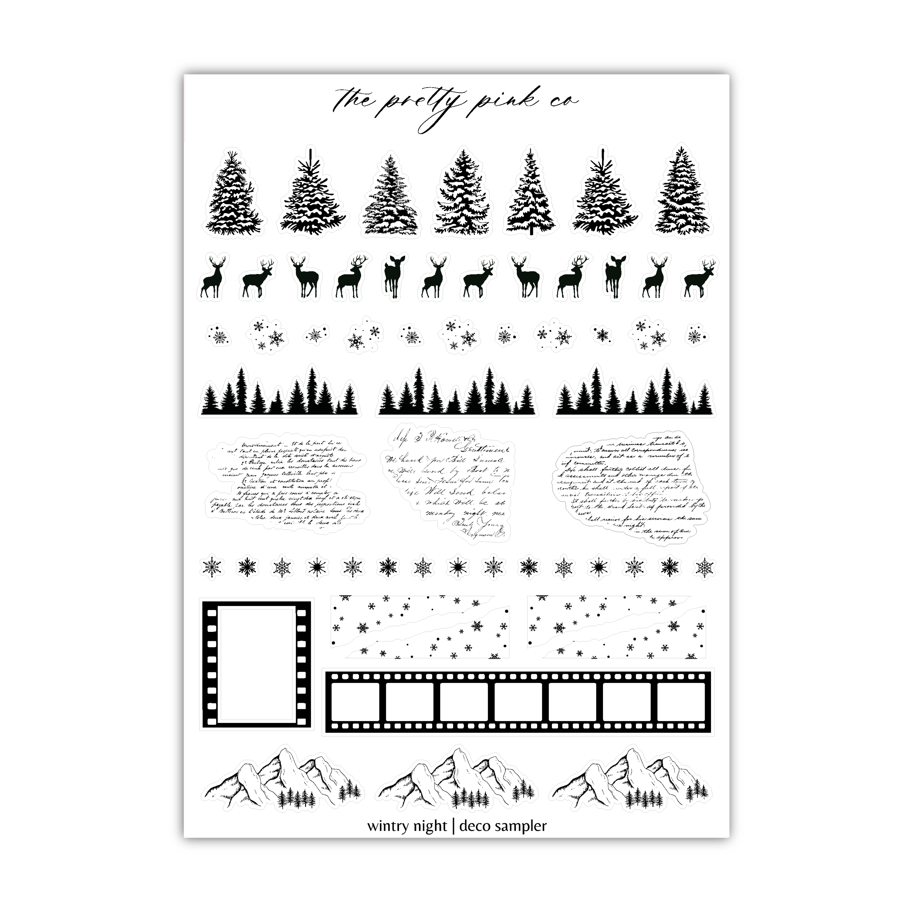 a sheet of paper with christmas trees and a film strip