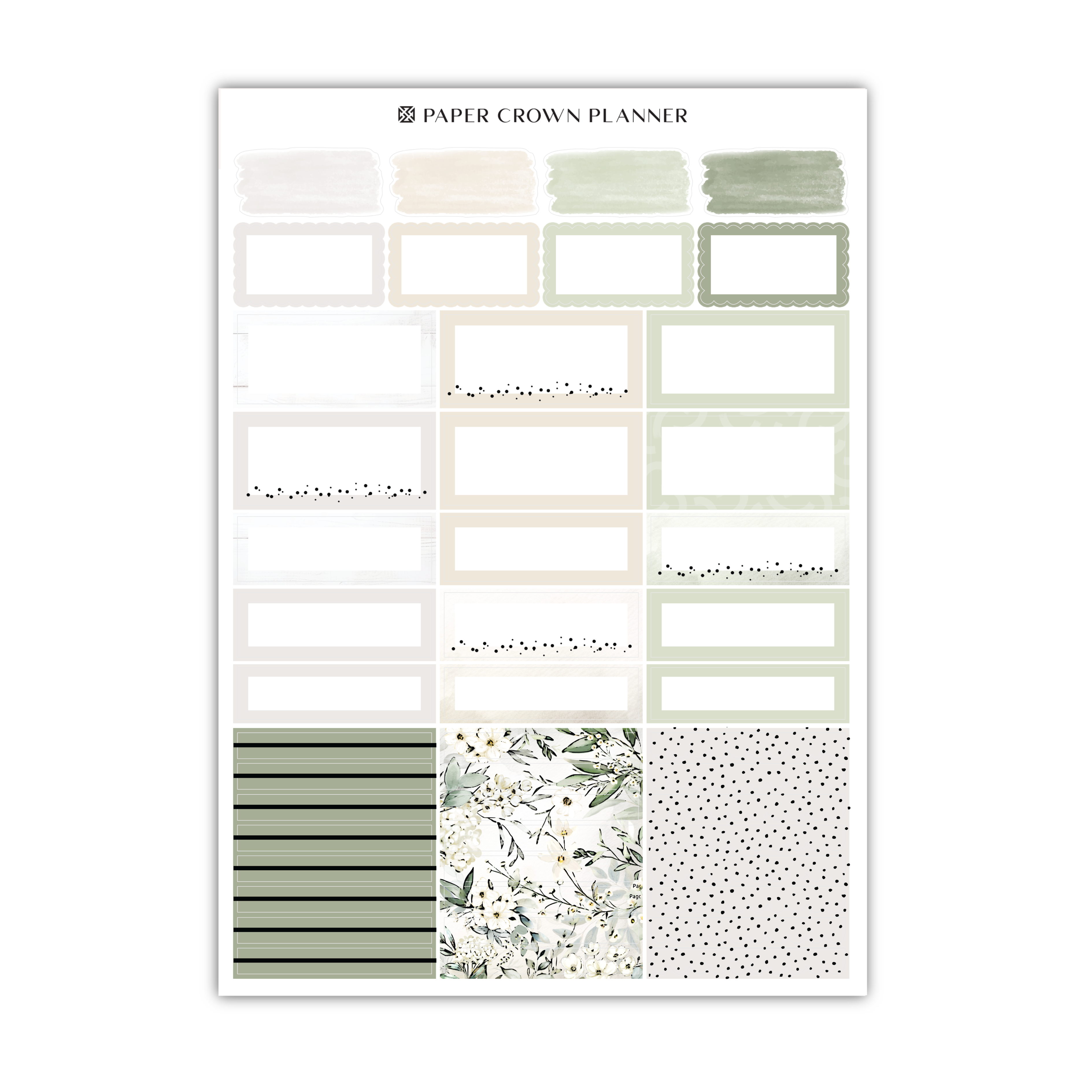 a planner sticker with a variety of green and white designs