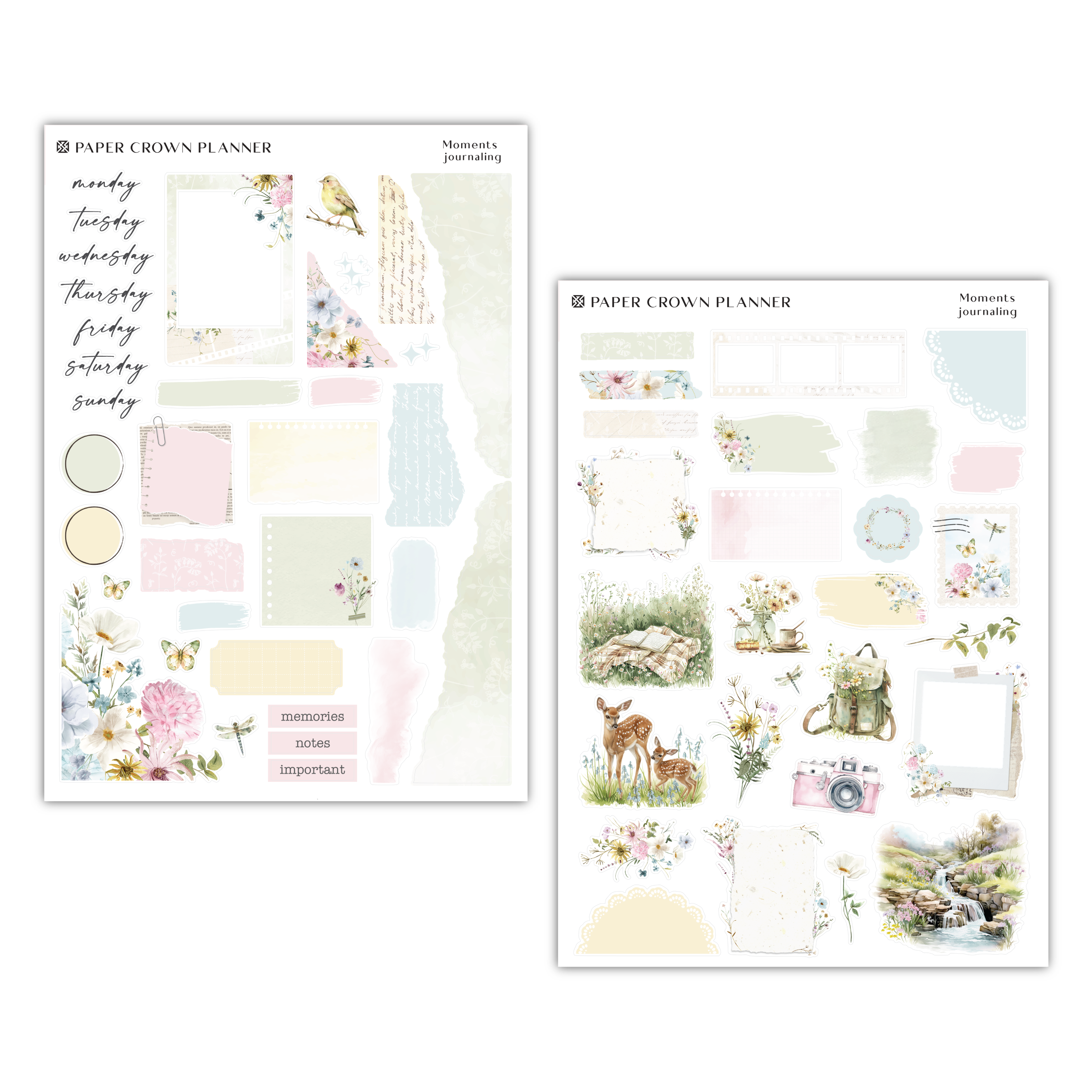 two sheets of paper with flowers and animals on them