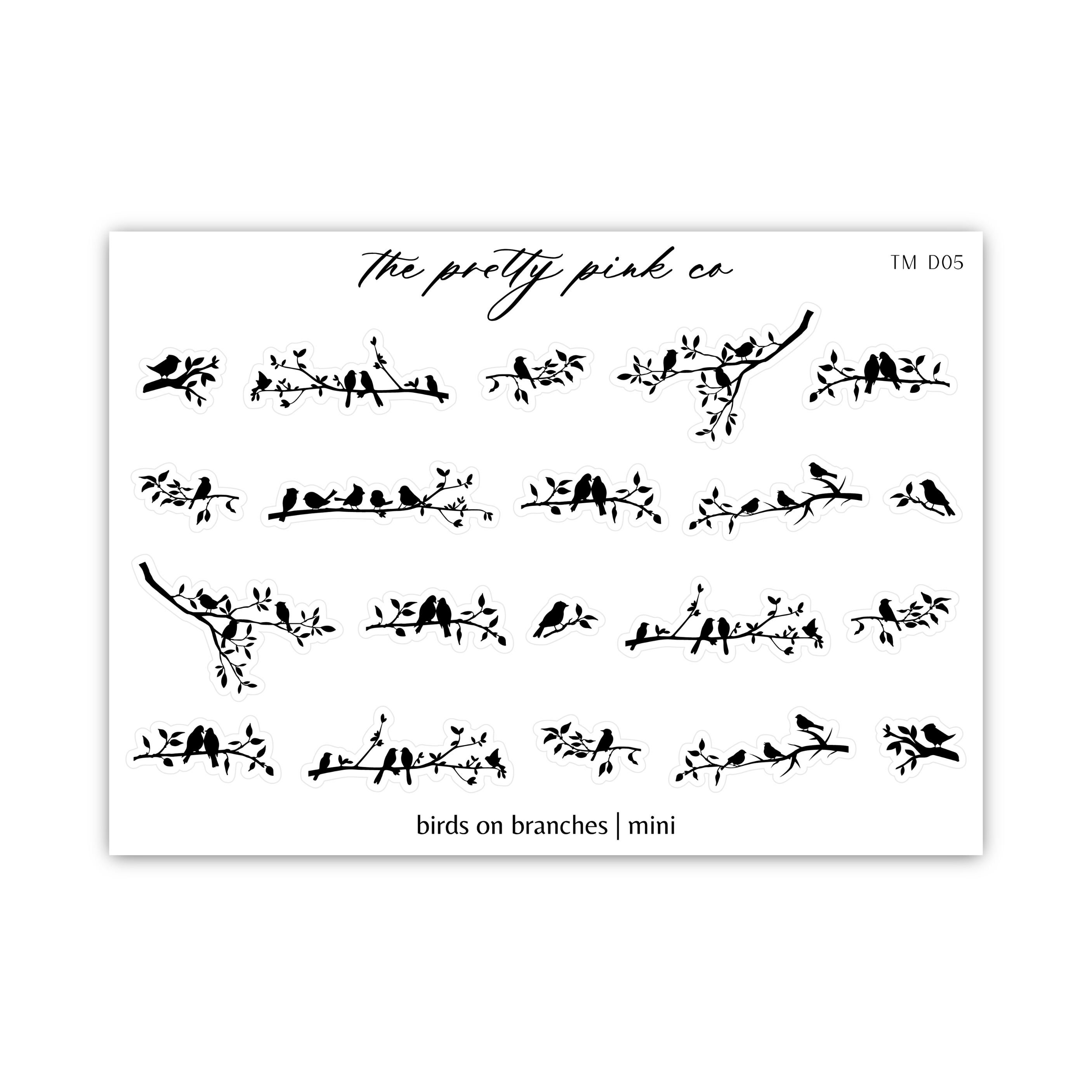 the birds on branches print on a white background