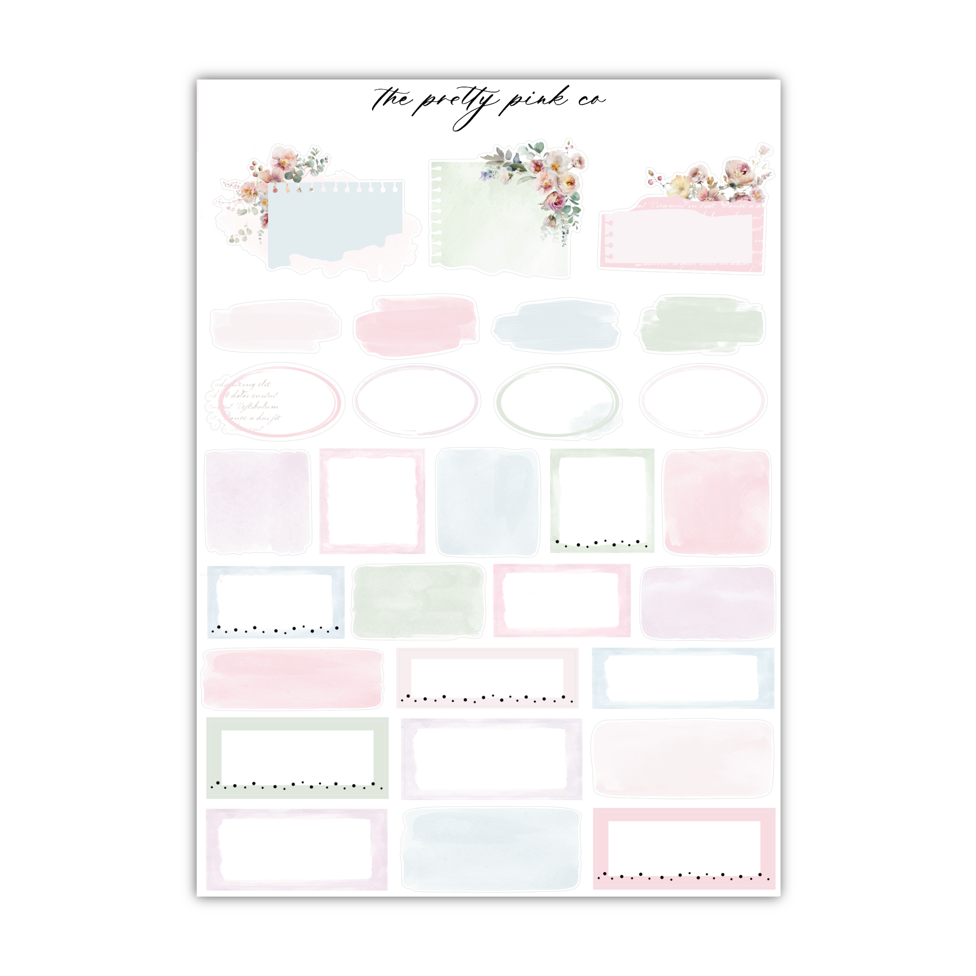 a sticker sheet with pink, blue, and green watercolors
