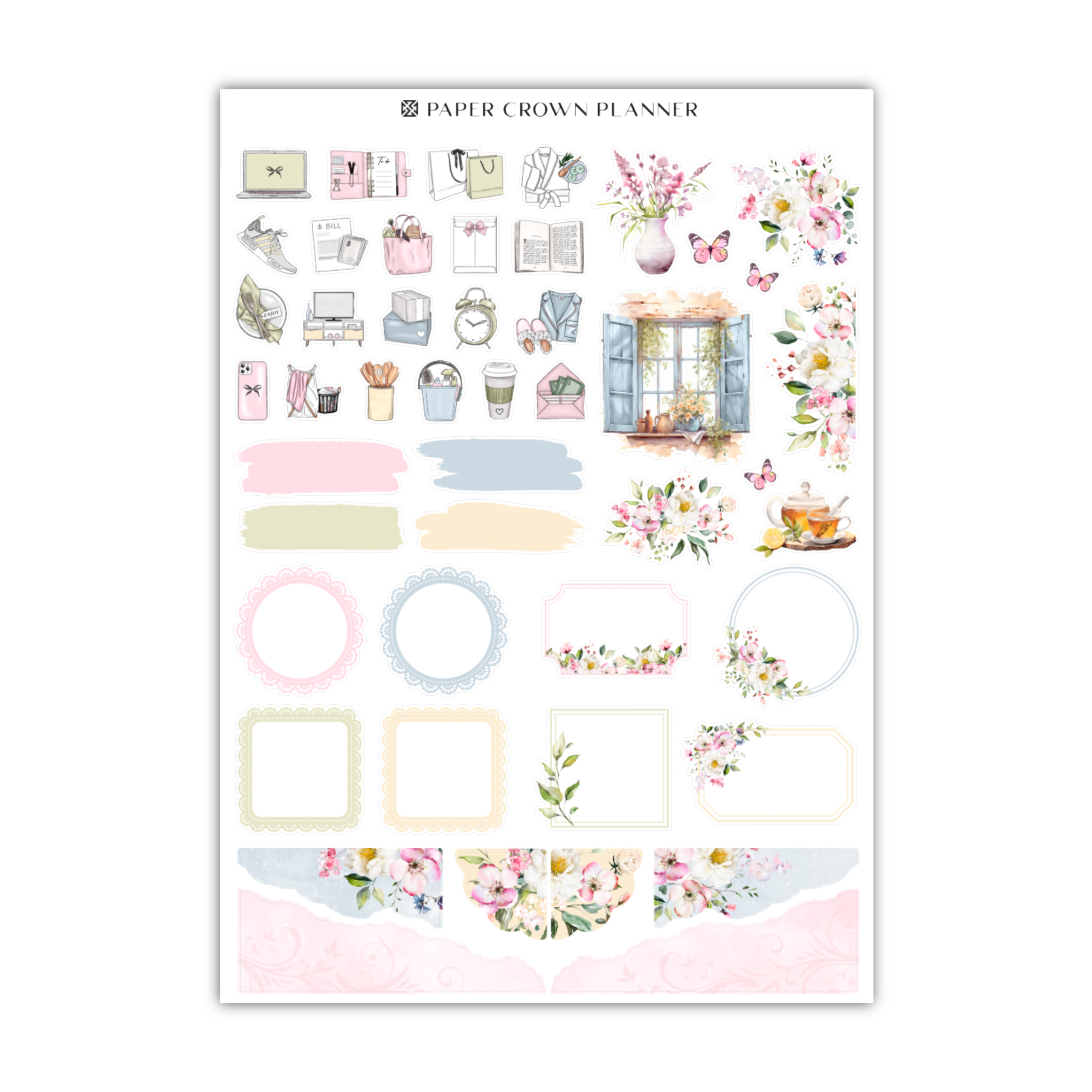 a sticker sheet with flowers and a window