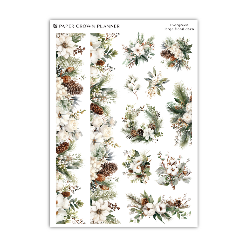 a sheet of paper with flowers and pine cones