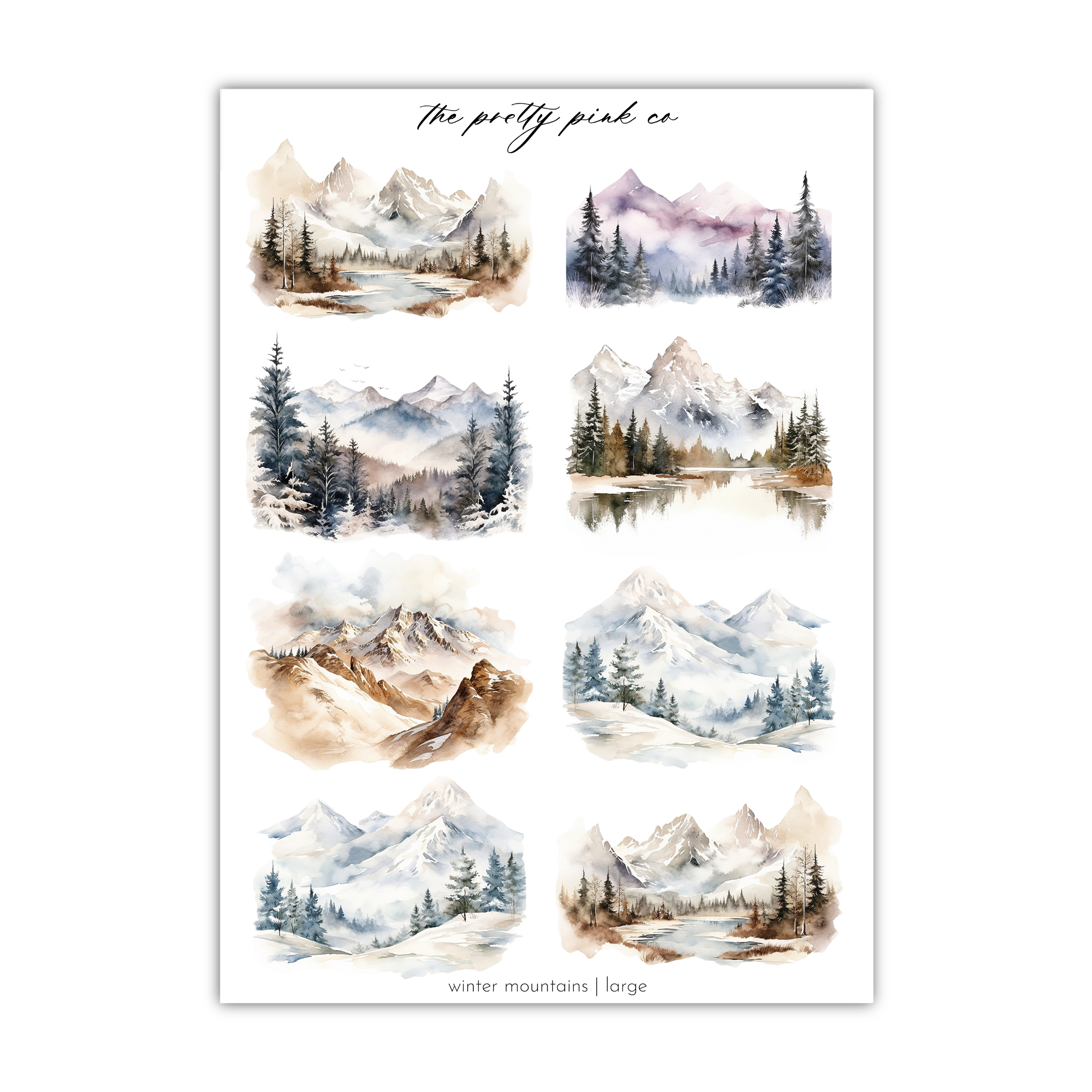 a watercolor painting of mountains and trees