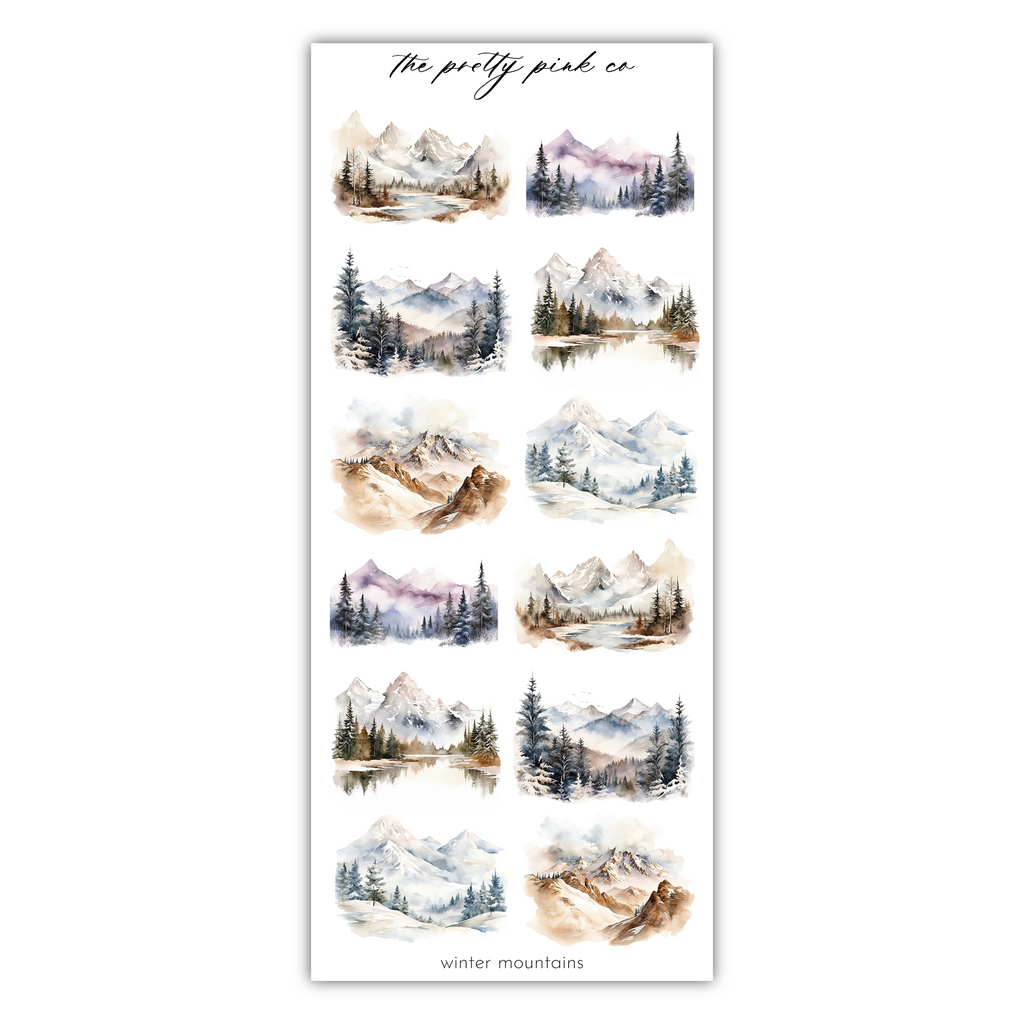 a watercolor painting of mountains and trees
