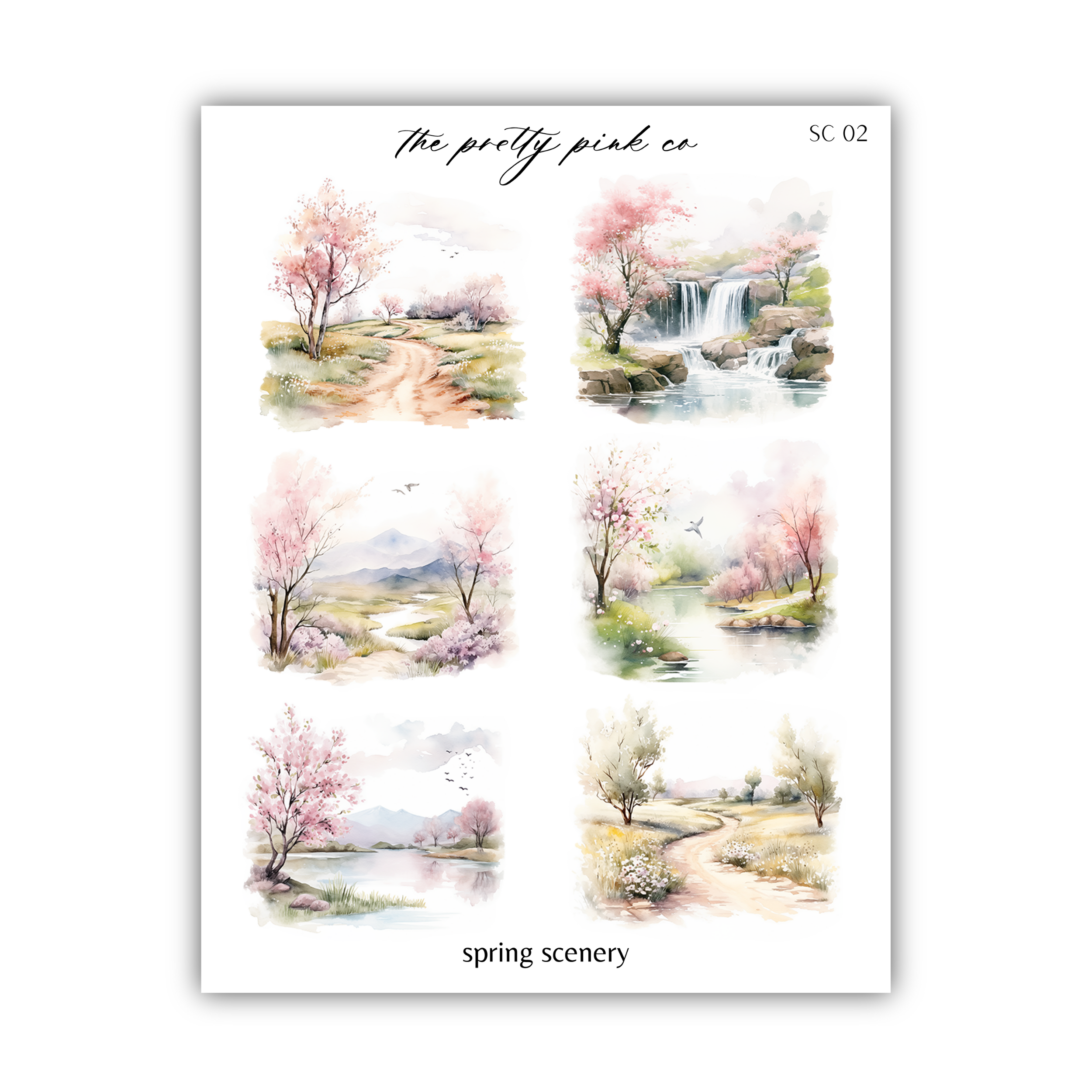 four watercolor paintings of trees and a river