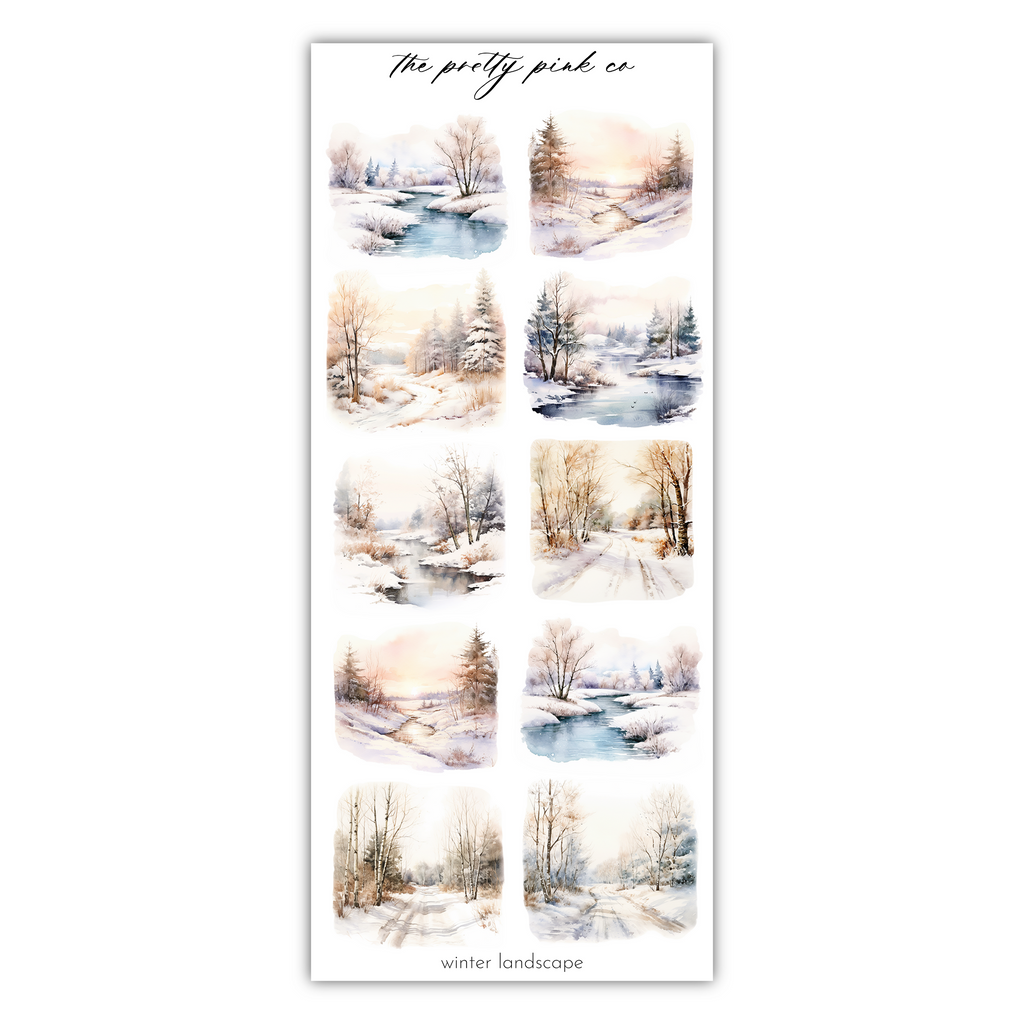 a sticker sheet with watercolor trees and snow
