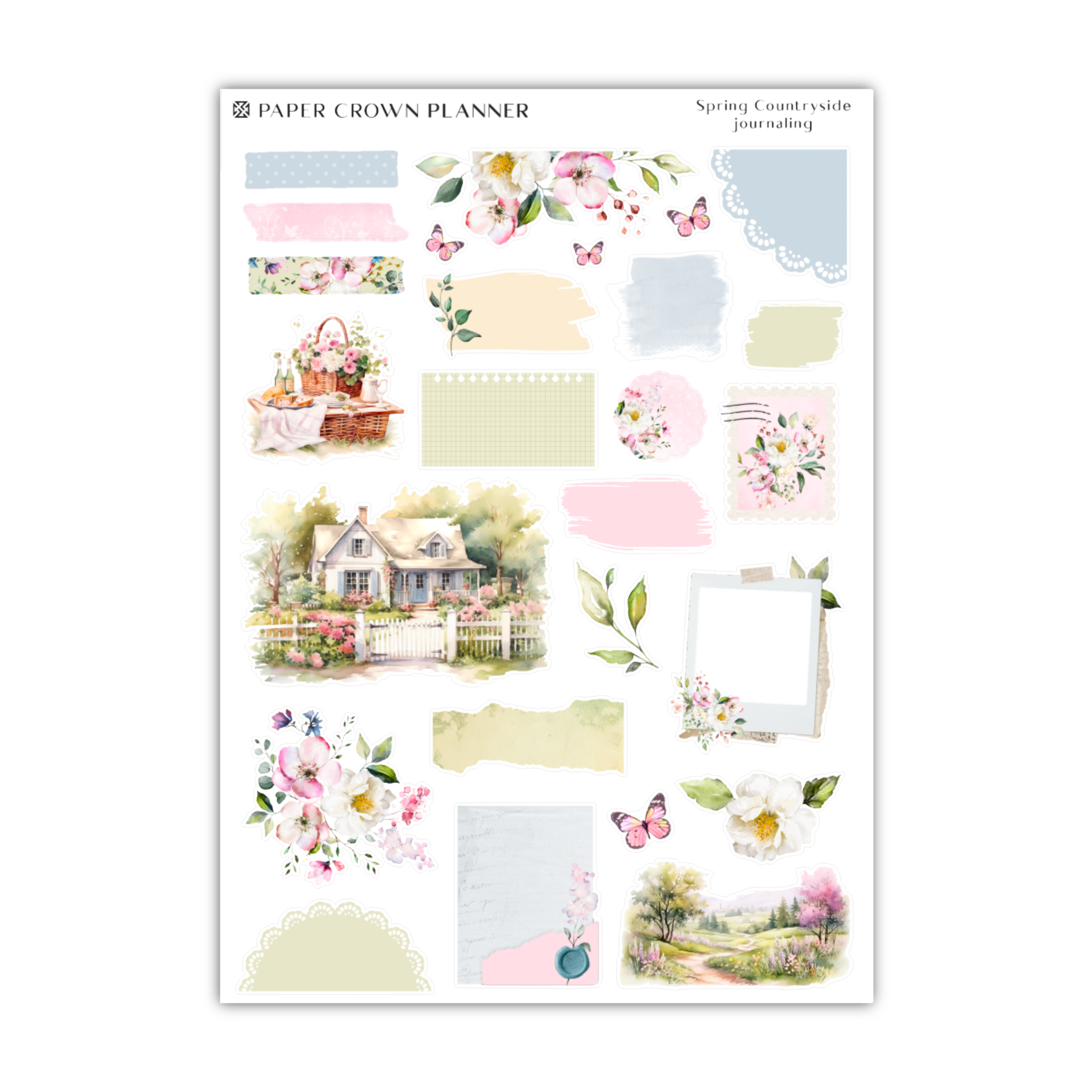 a sticker sheet with a house and flowers on it
