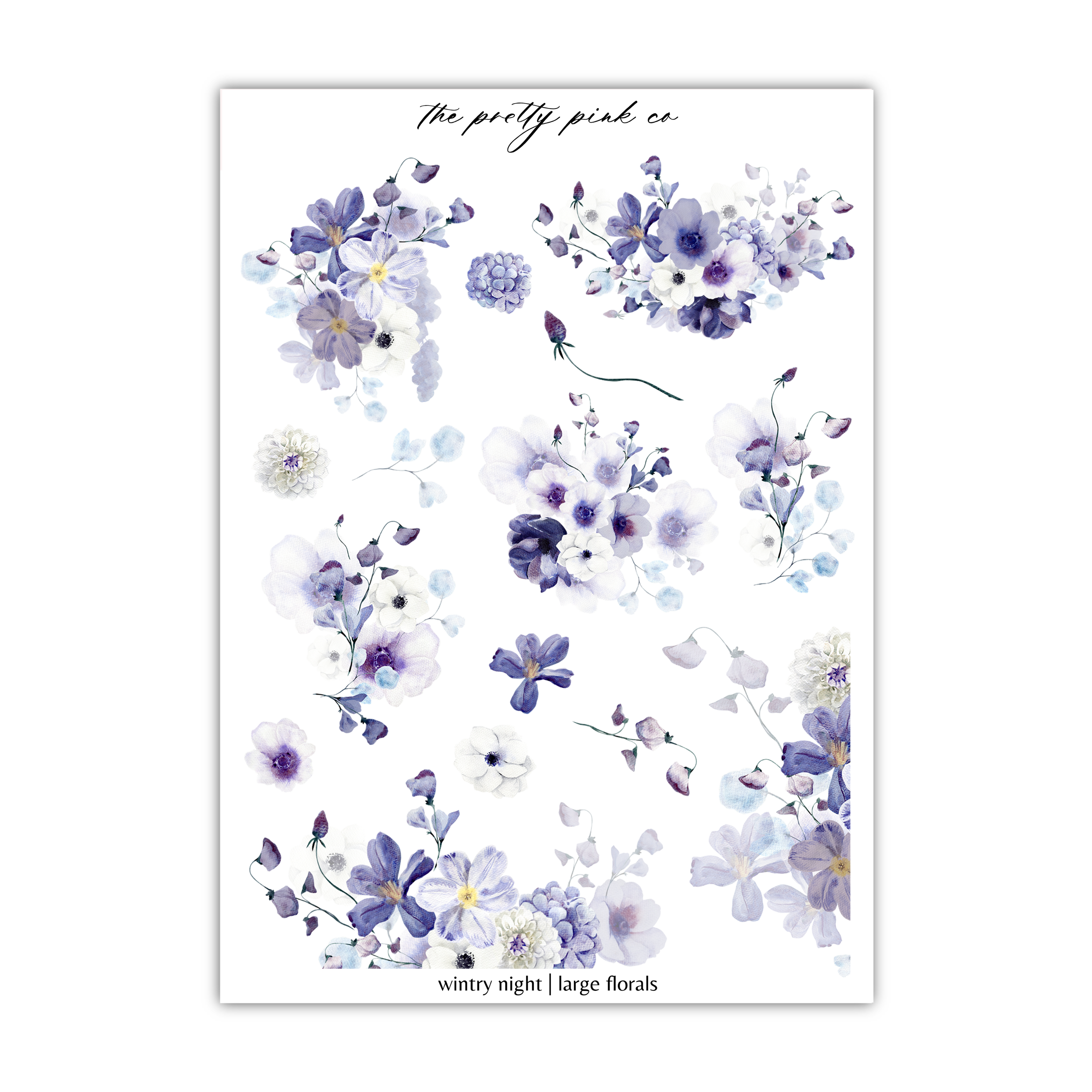 a sheet of purple and white flowers on a white background