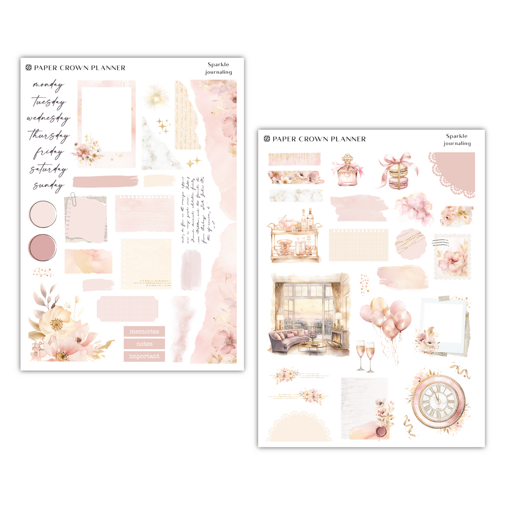 a pink and gold planner sticker sheet with a clock and flowers