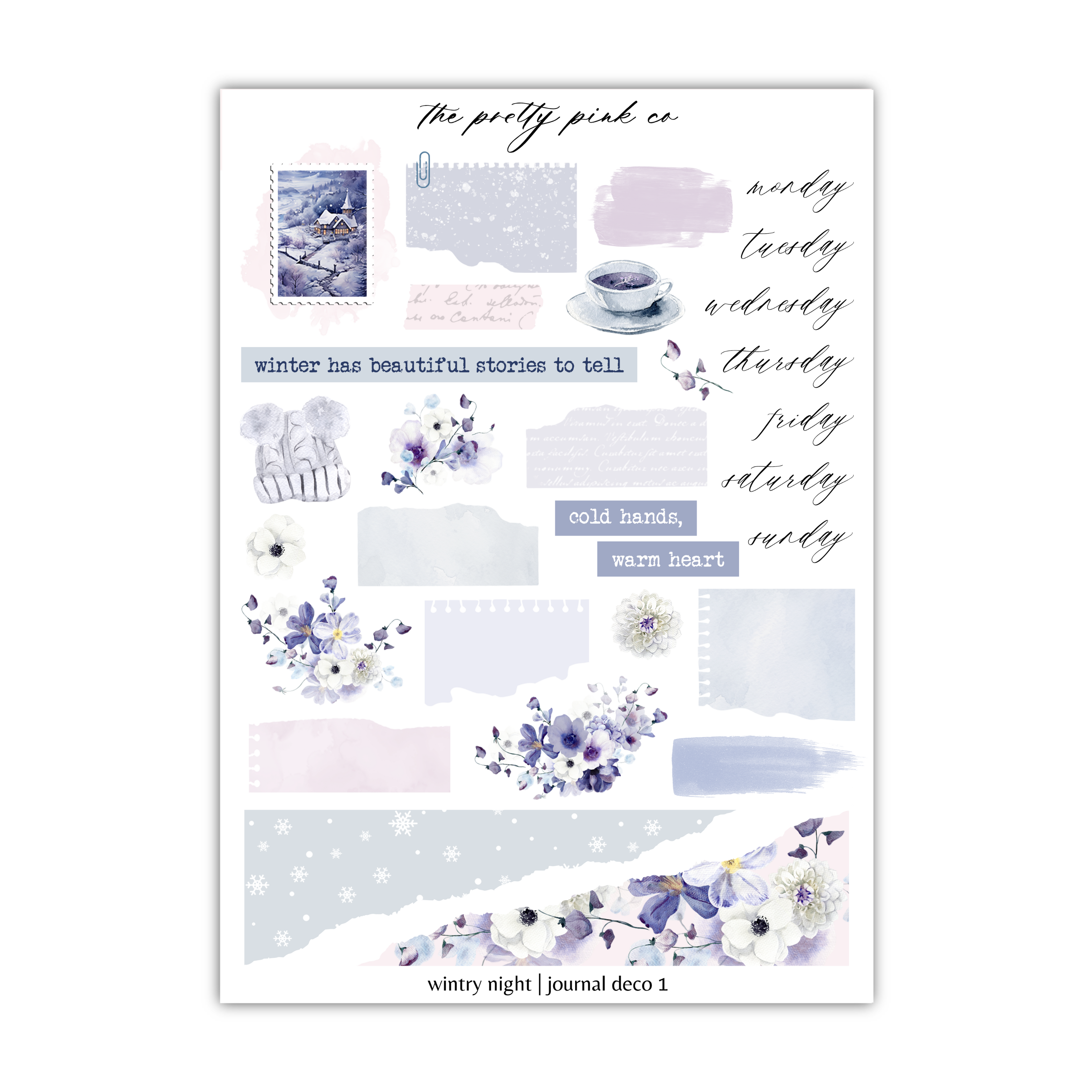 a sheet of stickers with blue and white flowers